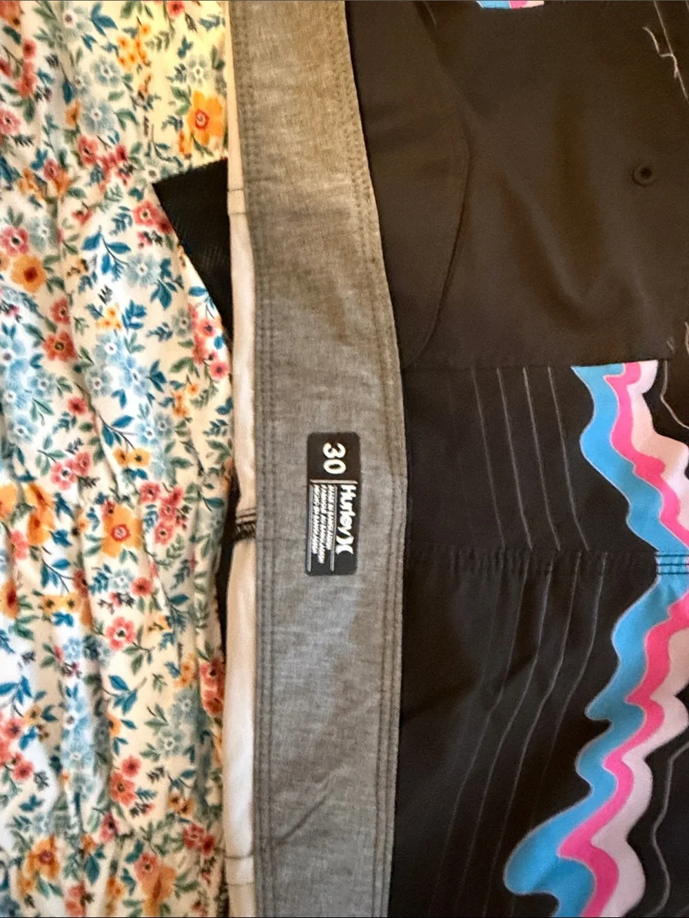 Hurley Black Board Shorts with Blue & Pink Wave Stripe